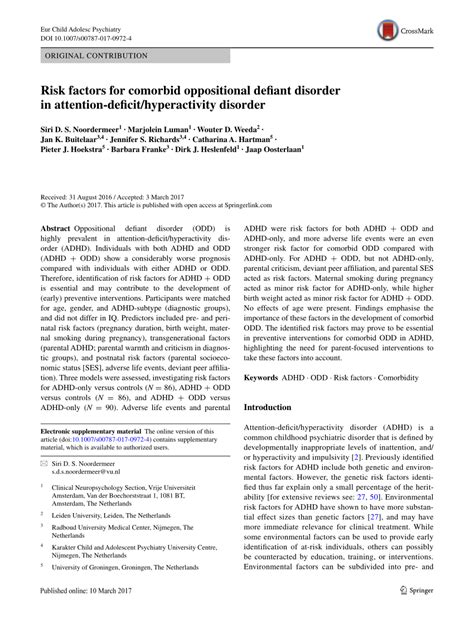 Risk factors for comorbid oppositional defiant disorder in attention .